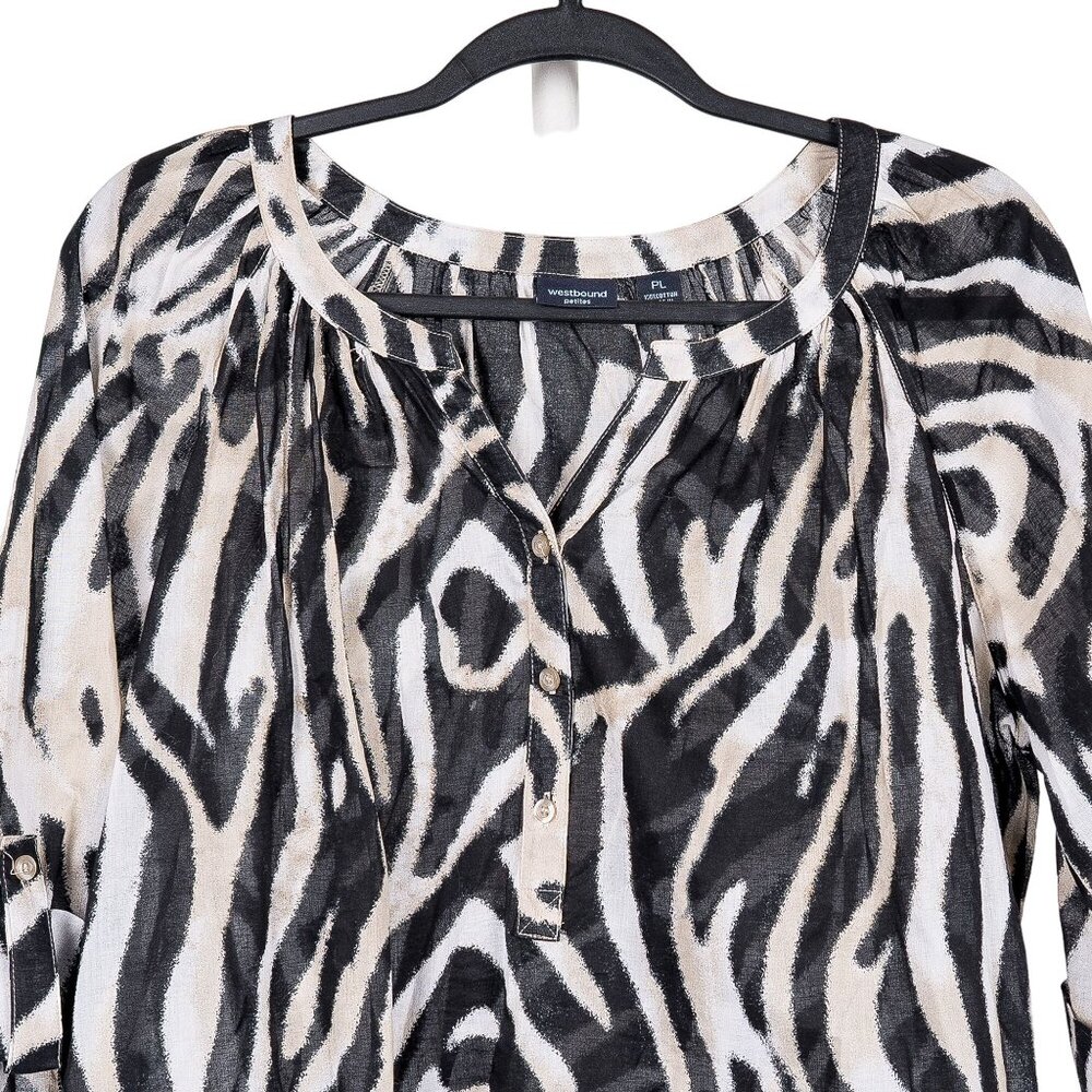 Westbound Zebra Print Shirt PL Petite L Sheer VNeck Black Cream Roll Tab Sleeve - Picture 2 of 6
